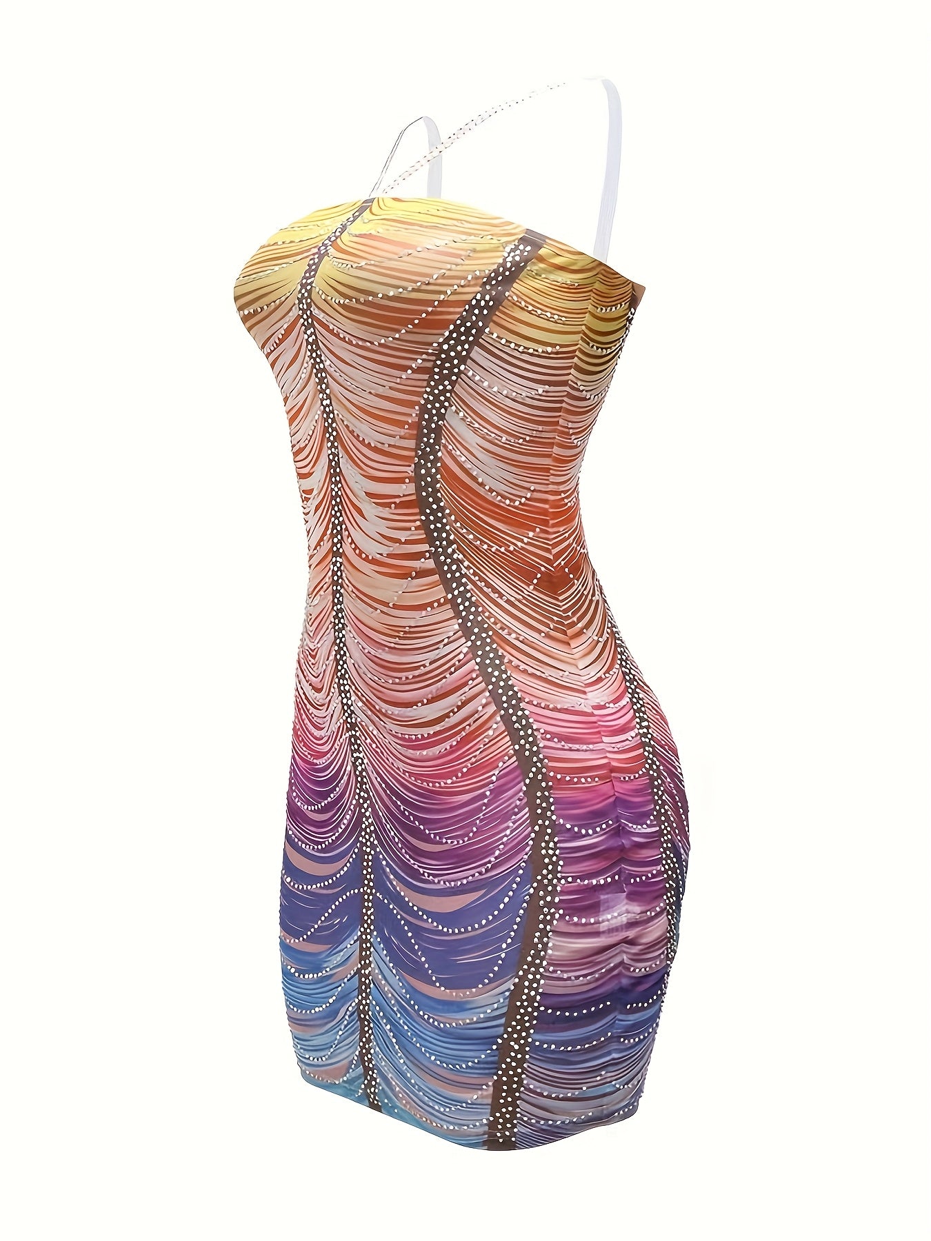 Women'S Vibrant Tie-Dye Mini Dress with Sparkling Embellishments - Casual Spaghetti Strap Bodycon Dress for Spring/Summer, Casual Attire|Vibrant Print Dress|Spaghetti Strap Top, Plus Size Dress